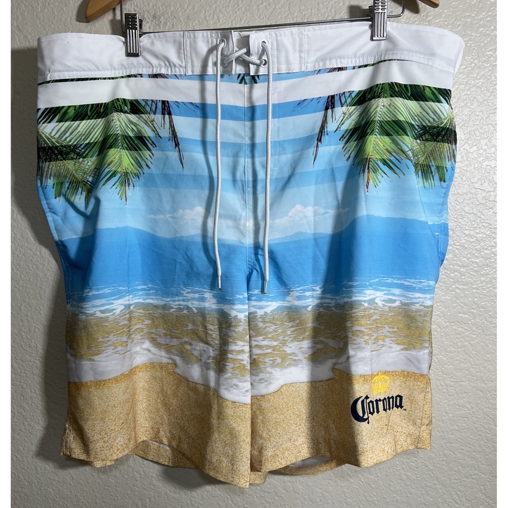 CORONA Beer Theme Board Shorts Blue Beach Palm Tree Cargo Pocket Size‎ 2XL
